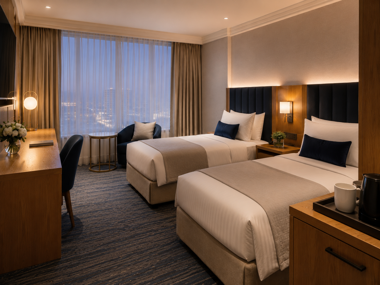 Harbour Calm Twin room with two beds and shared desk area