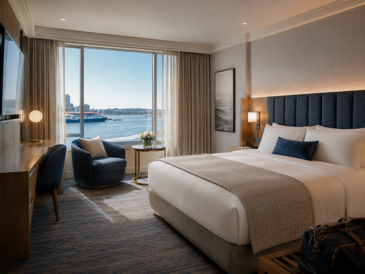 RoyalTui guest room with warm bedding and quiet premium styling