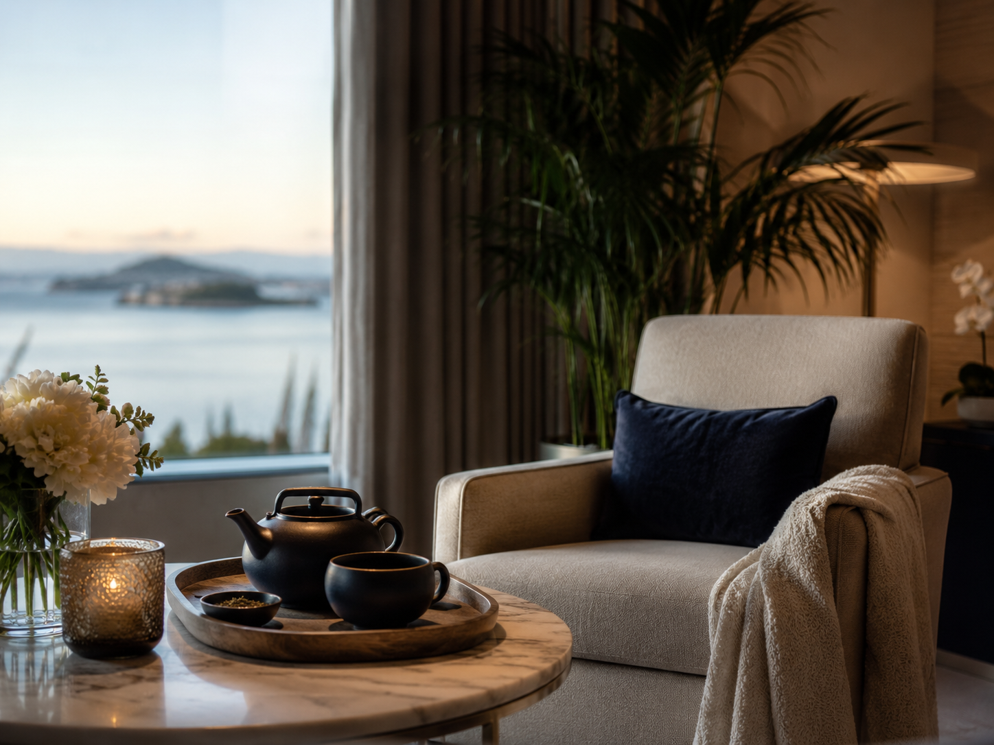 RoyalTui guest care lounge with tea service and calm seating